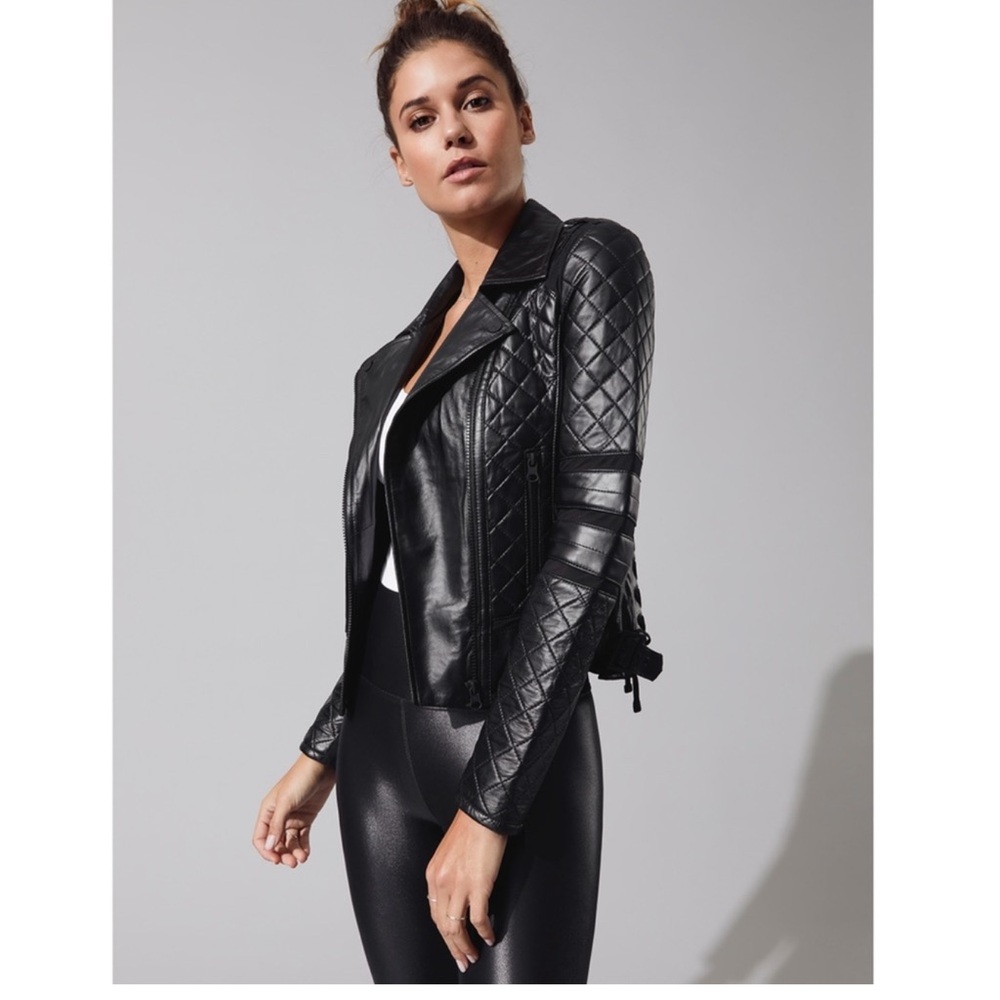Blanc Noir Black Leather Motorcycle Jacket with Quilted Details